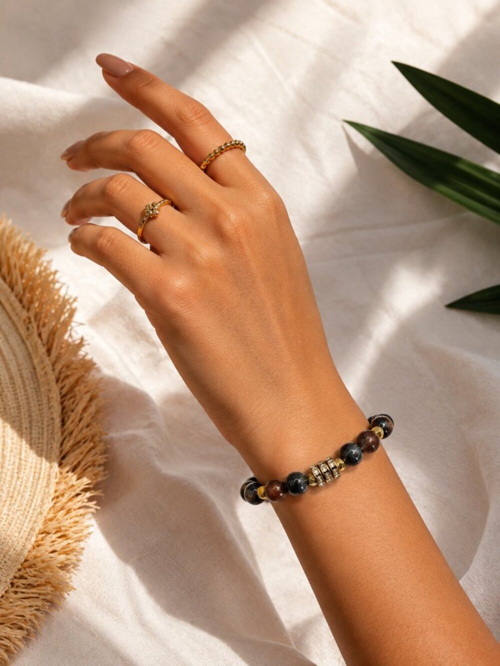 Handcrafted One of a Kind Brown Beaded Bracelet with Bold Gold Spacers